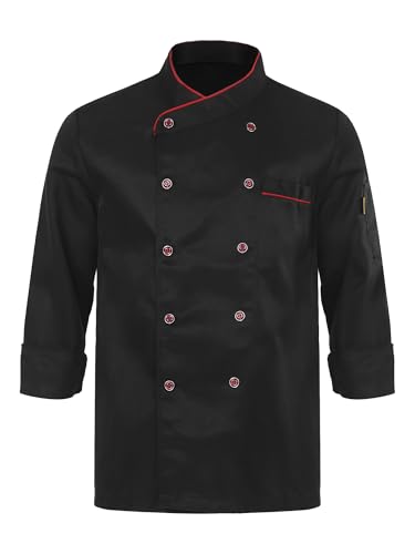 Vxuxlje Unisex Men's Classic Chef Coat Jackets Double-Breasted Kitchen Chef Uniforms Shirts Top Black Long Sleeve X-Large