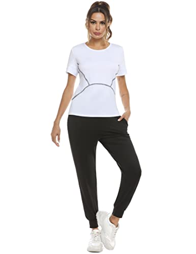 Aottori Ensemble de Sport 2 Pièce Femme Survêtement Tee Shirt de Sport et Pantalon de Fitness Sportswear pour Running Jogging Yoga Fitness Vêtements Set blanc noir XL Cover