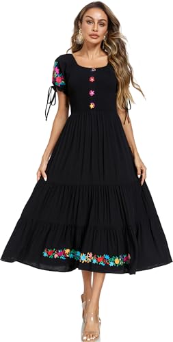 Image of Women's Summer Maxi Dress Casual Floral Embroidered Round Neck Short Sleeve Ruffle Tiered Dress Flowy Boho Beach Sundress