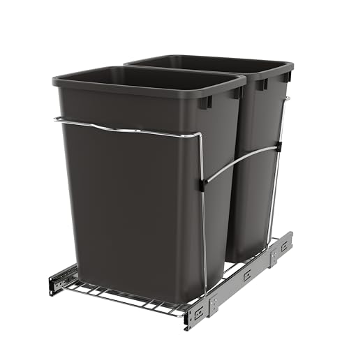 Image of Rev-A-Shelf RV-18KD-13C-S Double Pullout Trash Can for Kitchen Cabinets 35 Quart Garbage Recycling Bin on Full Extension Slides, Gray