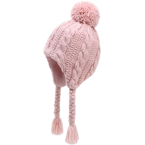 Winter Peruvian Hat Earflap Fleece Lined Pompon Knit Hat Beanie for 3-10T Baby Girls