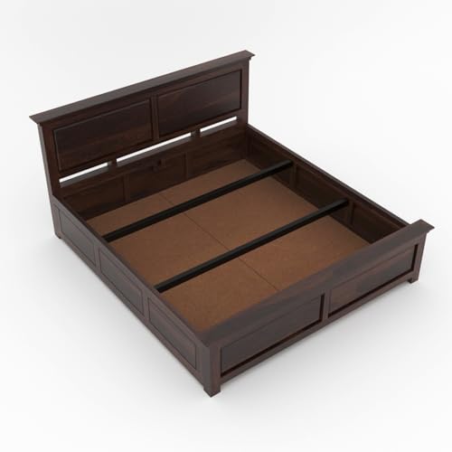 Image of Sheesham Wood Queen Size Bed with Storage Box | Wooden Box Bed Queen Size Double Cot Bed with Storage for Bedroom | Premium 2 Dalla Design Headboard Bed for Living Room | Walnut Finish