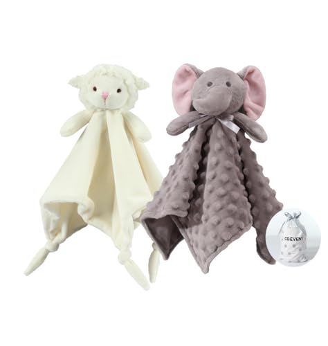 Image of CREVENT 2pcs Soft Plush Animal Face Security Blankets for Boys and Girls, Great Gifts for Birthday Baby Shower (Sheep + Elephant)