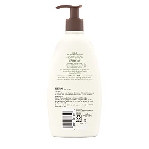 Aveeno Daily Moisturizing Body Lotion With Soothing Prebiotic Oat, Gentle Lotion Nourishes Dry Skin With Moisture, Paraben-, Dye- & Fragrance-Free, Non-Greasy & Non-Comedogenic, 2 X 18 Oz #TOP5