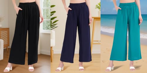 Image of Buy That Trendz Palazzo Pants for Women Rayon Elasticated Regular Fit Flared Wide Leg M to 6XL Pack of 3
