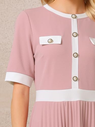 Image of Hobemty Women's Short Sleeve Pleated Dress 2025 Trendy Contrast Color Casual Work A-Line Midi Dresses