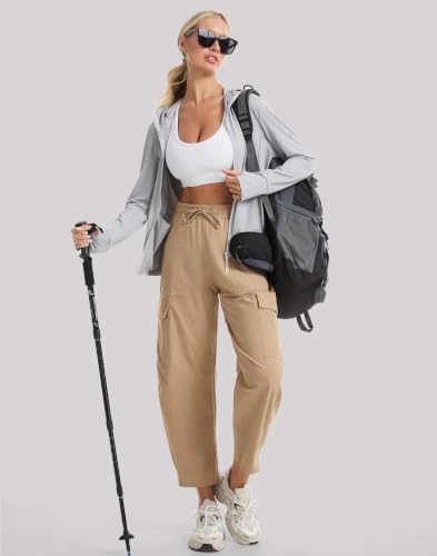 H Hellisal Women's High Waist Stretchy Loose Cargo Barrel Pants, Windbreaker Fabric Quick Dry Multi-Pocket Trousers for Travel Hiking Athletic Khaki Medium - 2