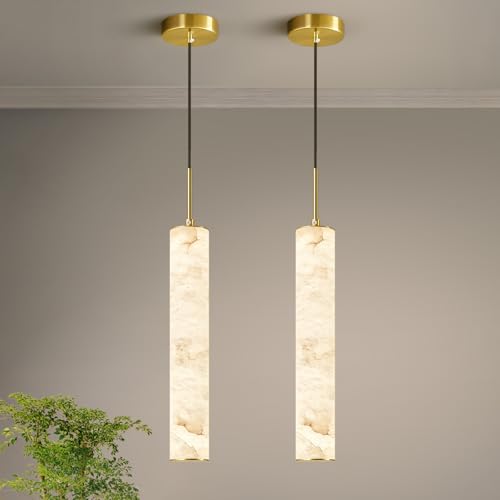 Image of LMQNINE Natural Alabaster Pendant Lights for Kitchen Island White Marble Long Tube Chandelier 4000K Modern Gold Ceiling Light Fixtures for Bedroom Dining Room Table Living Room Hallway(M-2Pack)
