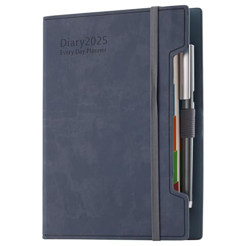 Agenda scolaire journalier 2025 de janvier 2025 à décembre 2025, 12 mois par page, format A5, couverture rigide, stylo, boucle pour stylo, autocollants (bleu)