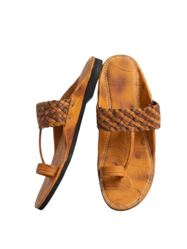 Image of Agadi Men's Kolhapuri Style Sandals | Handcrafted Woven Strap Toe Ring Chappals | Comfortable Ethnic & Casual Slip-On Footwear for Men