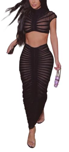 Image of Sexy See Through Long Dress Knitted Sheer Mock Neck Crop Top and Maxi Skirt 2 Piece Outfits Sets