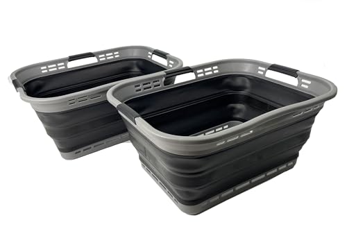 Image of SAMMART Set of 2 Collapsible Plastic Storage Basket - Foldable Pop Up Storage Container - Portable Laundry Organizer - Space Saving Hamper (Grey /Black, 42L (Style A))