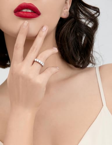 CannyCat 5 Stone Half Eternity Ring - 4.0 mm Moissanite Wedding Band for Women - VVS D Color Moissanite - Platinum-Plated Silver Stacking Ring 6