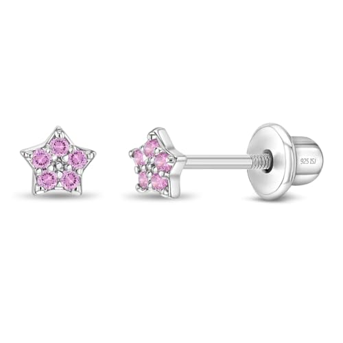 925 Sterling Silver Babies Pink Cubic Zirconia Tiny Star Screw Back Earrings, Safety Screw Backs for Baby Girls & Toddlers with Sensitive Ears- Little Star Stud Earrings, Celestial Earring Set