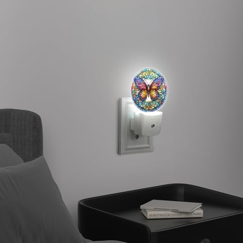Image of Round LED Night Lights Lamp with Dusk to Dawn Sensor, Stained Glass Art of Colorful Butterfly Mandala Night Light Plug Into Wall for Kids Room, Bedroom, Bathroom, Kitchen, Hallway