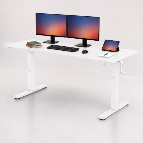 Image of ARTIKEL Manova Height Adjustable Table for Office Work | Manual Adjustable Desk with Hand Crank | Ergonomic Table for Home | 80Kg Wt Lift | Cup Holder, 2 Headphone Hook (White, 140 * 60cm)