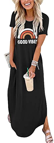 Image of Good Vibes Rainbow Graphic Dress Womens Sleeveless Pocket Maxi Dress Hawaiian Beach Tank Dress