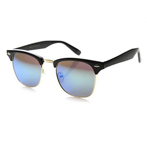 Premium Half Frame Horn Rimmed Sunglasses with Metal Rivets (Flash Mirror Series | Black/Sun)