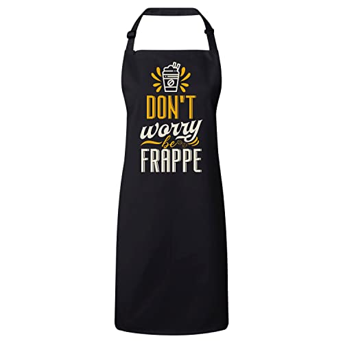 Tablier cuisine noir Don't Worry Be Frappe en coton premium rigolo