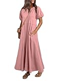 Acelitt Women Casual Trendy 2025 Summer Crewneck Puff Sleeve Midi Dress High Waist Flowy A Line Dresses Sundress Pink Small