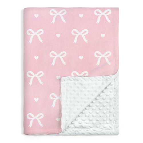 Image of Bow Minky Baby Blanket 30 x 40 Inches for Girls, Soft Plush Receiving Blanket with Dotted Back, Gift for Toddler Newborn Infant Christmas Birthday Baby Shower