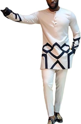 Me's Africa Ropa Atuendos Formales Camisa Y Pantalón Dashiki Traje De 2 Piezas Manga Larga Atuendo Tradicional, White, L