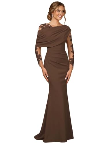 Laces Applique Long Sleeves Mother of the Bride Dress for Wedding Brown