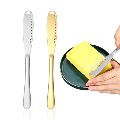 NyxSeat Juego de 2 cuchillos de mantequilla, cortador de mantequilla, cortador de mantequilla, herramienta de cocina, para distribuir mermelada y mantequilla (oro y plata)