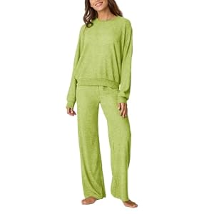 Aamikast Women’s 2-Piece Lounge Set Soft Brushed Jersey Sleepwear Pajamas Set Long Sleeve Top & Wide Leg Pants