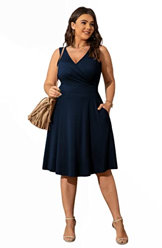 Image of POSESHE Womens Plus Size Dresses Sleeveless Wrap V-Neck Sundress Casual Summer Wedding Guest Cocktail Dress with Pockets