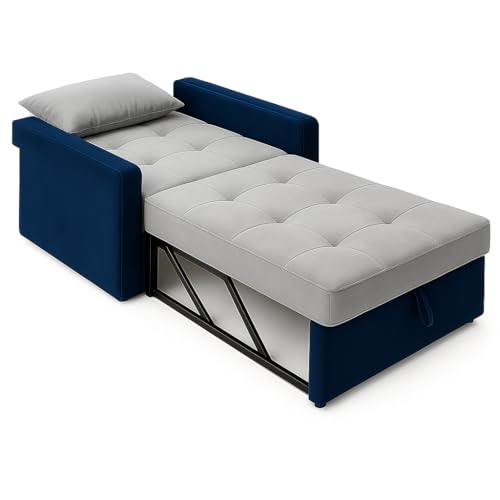 Image of SOCOZI Nestro 1 Seater Sofa Cum Bed for Bedroom | Soft Velvet Suede Fabric | Color Light Grey-Blue | Modern Design | Plush Comfort Cushions for Living Room