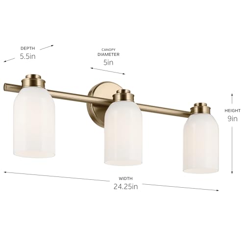 Image of Kichler Shae 3-Light Bathroom Vanity Light, Champagne Bronze | White opal glass vanity light for modern bathroom mirrors (24.25 inch x 9 inch), 55202CPZ