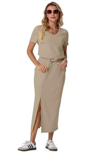 Image of GRECERELLE Women Summer Casual 2 Piece Sets V-Neck Wrinkle-Free Top & Elastic Waist Midi Side Slit Skirt with Pockets