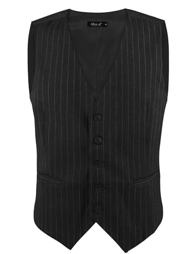 Image of Alizeal Mens Pinstripe Business Vest Formal Fit | V-Neck Bollar 5-Button Front Waistcoat for Suit Tuxedo and Formal Events