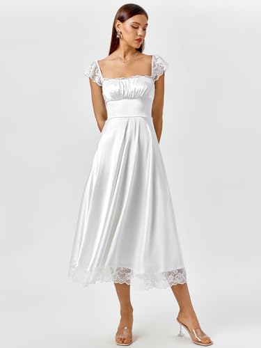 Image of EYNMIN Lace Strap Chiffon Dresses for Women Casaul Flowy A Line Midi Tea Party Dress