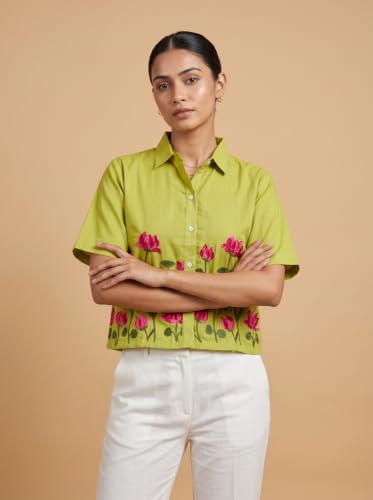 Image of Stylish Women's Embroidered Shirts | Geometric Pattern Half Sleeve Collared Button-Up Casual Shirt for Women
