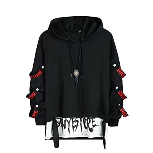seiveini Sudadera con Capucha Hombre Techwear Vintage Impresión de Letras Sudaderas con Bolsillo Manga Larga Otoño Invierno Streetwear 90's Harajuku Tops F Negro L Cover