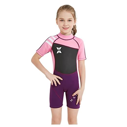 Mädchen 2.5mm Neoprenanzug Kinder Einteiler Tauchanzug Kurzarm Shorty Badeanzug Patchwork Sonnenschutz Rückenreißverschluss One Piece Wetsuit 009 rose XL