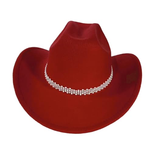 Women Cowgirl Hat Rhinestone White Bead Woolen Western Hat for Bachelorette Party Stagecoach Nashville Outfit (Red ONE Size)