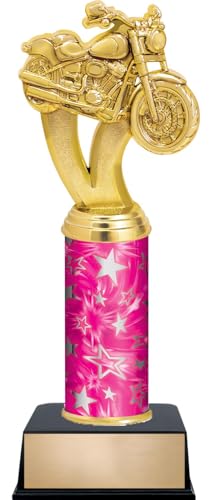 11" Motorcycle Soft Tail Custom Engraved Pink and Silver Star Column Trophy Awards