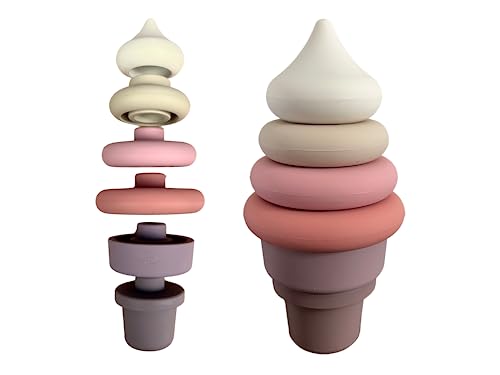 Image of Eco Mama Shop: Ice Cream Stacker Toy, 6 Pcs, Silicone Baby Teether Stacking Rings, Toddler Sensory Educational Montessori Baby Blocks