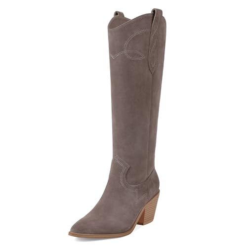 Mattiventon Cowgirl Boots for Women Knee High Cowboy Western Boots Pointed Toe and Block Heel Suede Long Boot with Embroidered Side Zipper 2025