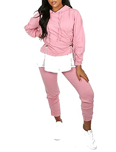 Survêtement 2 pièces femme rose ensemble jogging à capuche froncé automne taille 46-48