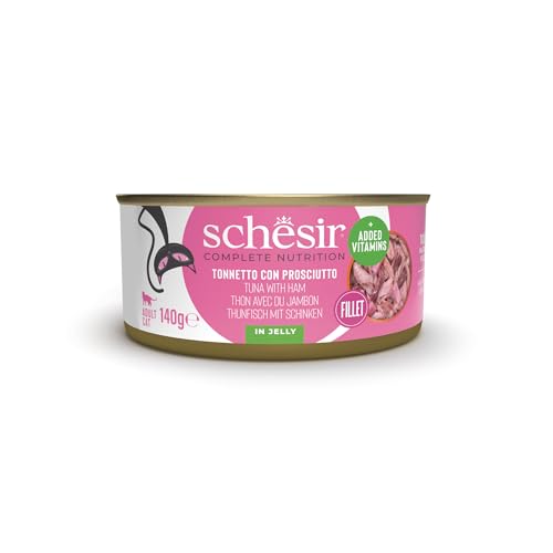 Schesir, Tuńczyk z szynką żelatynową, uzupełniająca mokra karma dla kotów, puszka, 100% naturalne składniki, wolne od okrucieństwa, 8 x 140 g