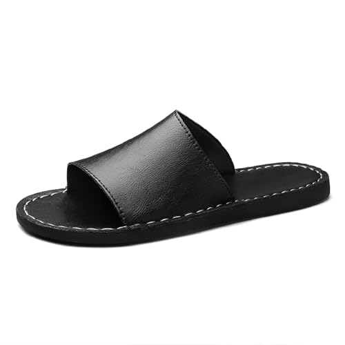Men's Leather Flat Slides Sandals with Hand Stitched Comfortable Open Toe Soft Platform Slip On Slippers Summer Anti-Slip Beach Walking Sandals