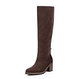 QIY Fall Suede Boots for Women Knee High Boots Chocolate Rounded Toe Chunky Block High Heel Tall Long Boots for Women Size 9