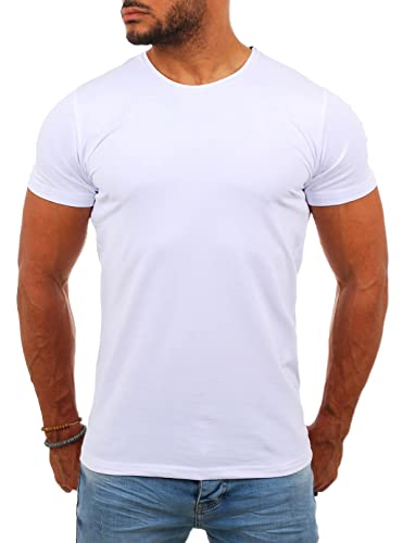 Young & Rich Herren Uni Basic T-Shirt mit Rundhals Ausschnitt einfarbig Round Neck Tee Stretch körperbetonte Dehnbare Passform, Grösse:M, Farbe:Weiß