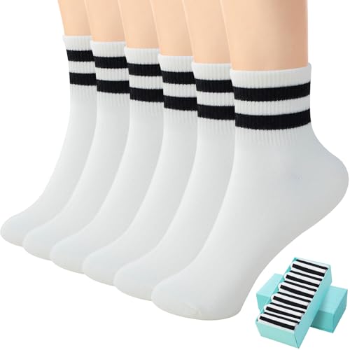 Image of SISOSOCK Quarter Crew Cotton Socks for Women Striped Athletic Casual Breathable Socks 6 Pairs with Gifts Box