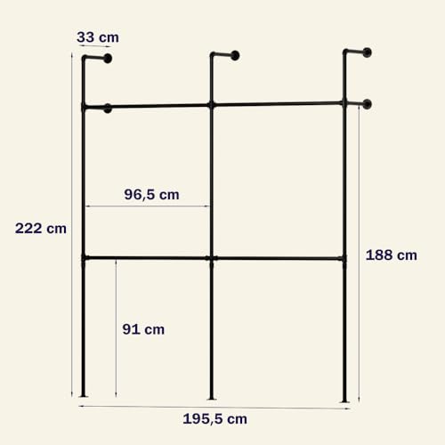 SMONTER Offener Kleiderständer wandmontage höhenverstellbar, begehbarer kleiderschrank wandmontage, indusrial schwarz aus Metall Wasserrohren, 195cm(L)*222cm(H), 4 Gitter