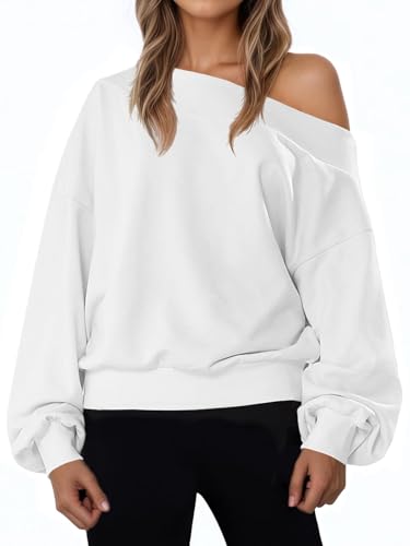 Fisoew Womens Off The Shoulder Sweatshirt Casual Long Sleeve Loose Fit Fall Pullover Tops White